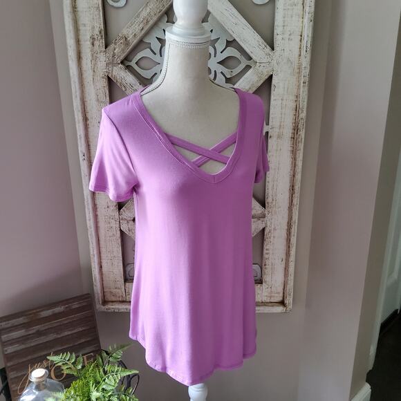 Women's Short Sleeve Relaxed Fit T-Shirt Tee Top with Criss Cross V-Neck Purple - Picture 1 of 12